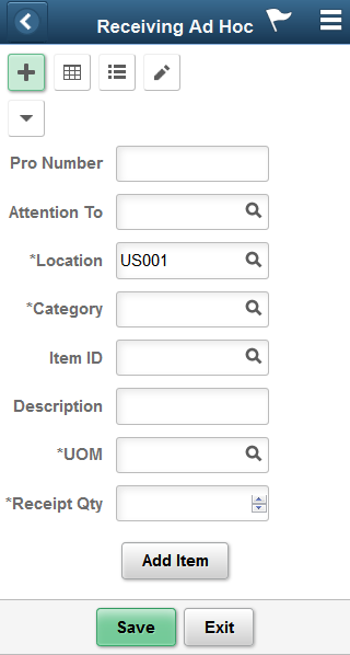 Receiving Ad Hoc - Add Item Fluid page