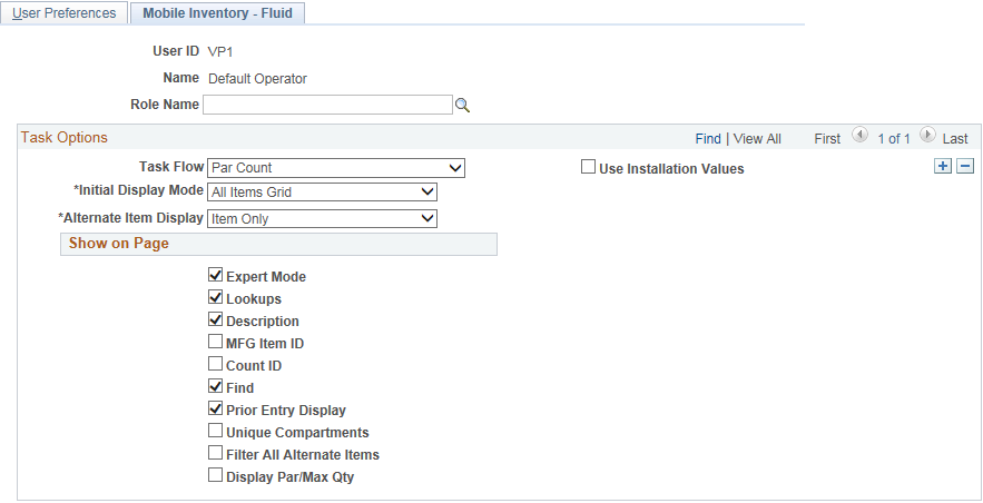 User Preferences - Mobile Inventory - Fluid page