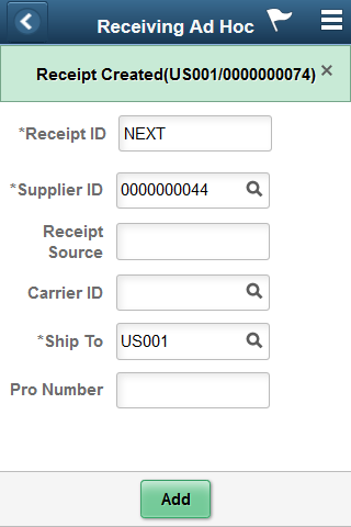 Receiving Ad Hoc - Receipt Creation Fluid page
