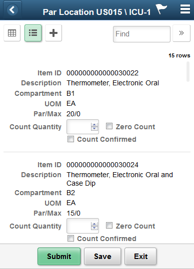 Par Location Count - List View Fluid page