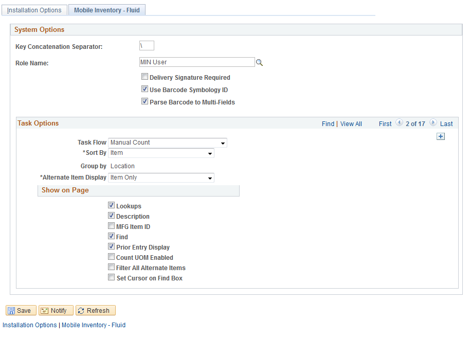 Installation Options - Mobile Inventory: Manual Count page