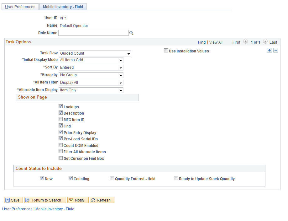 User Preferences - Mobile Inventory: Guided Count page