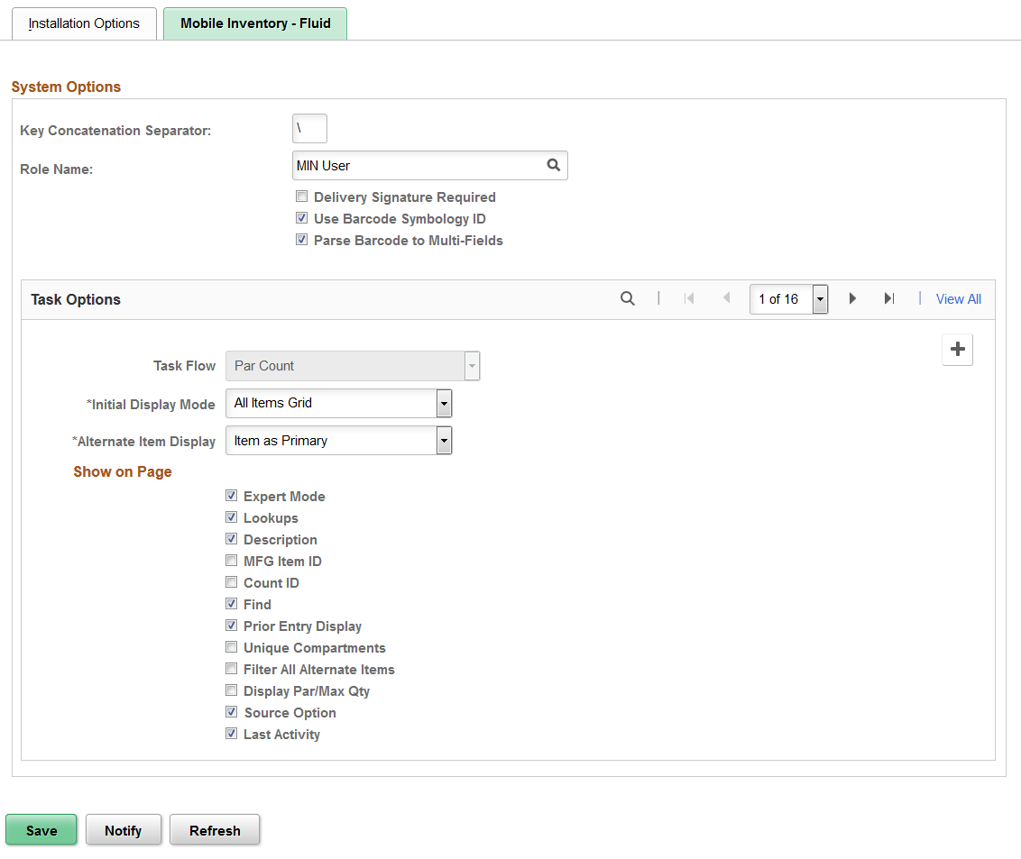 Installation Options - Mobile Inventory page for the Par Count task flow