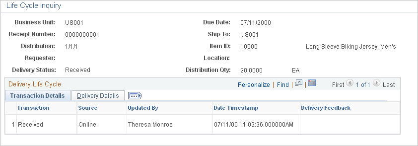 Life Cycle Inquiry: Delivery Details page