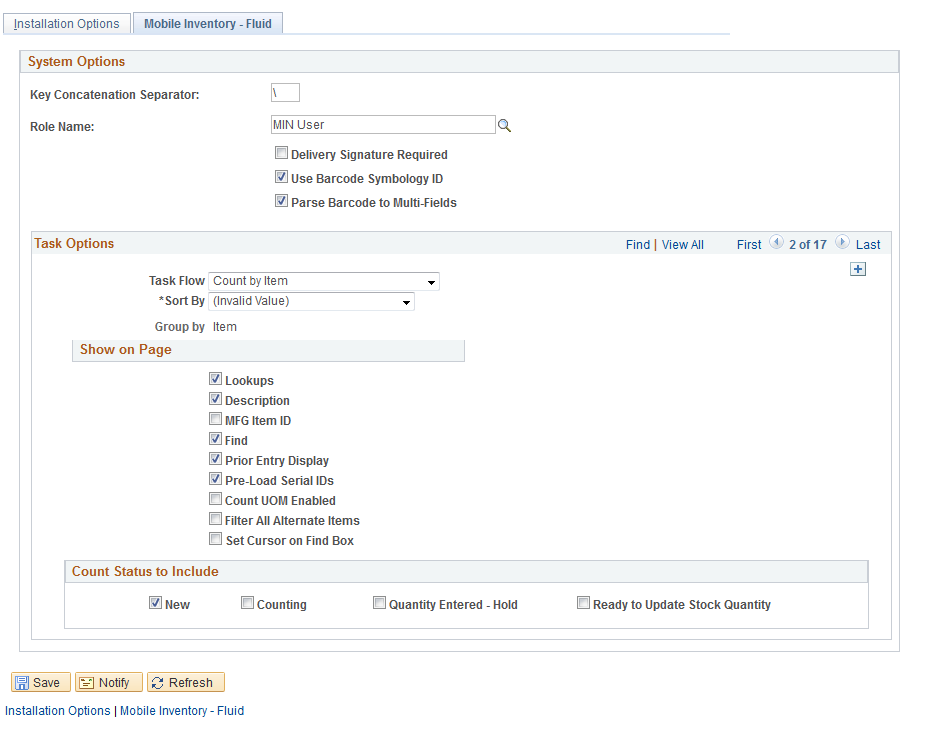 Installation Options - Mobile Inventory: Count by Item page