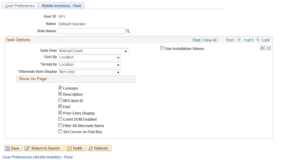 User Preferences - Mobile Inventory: Manual Count page