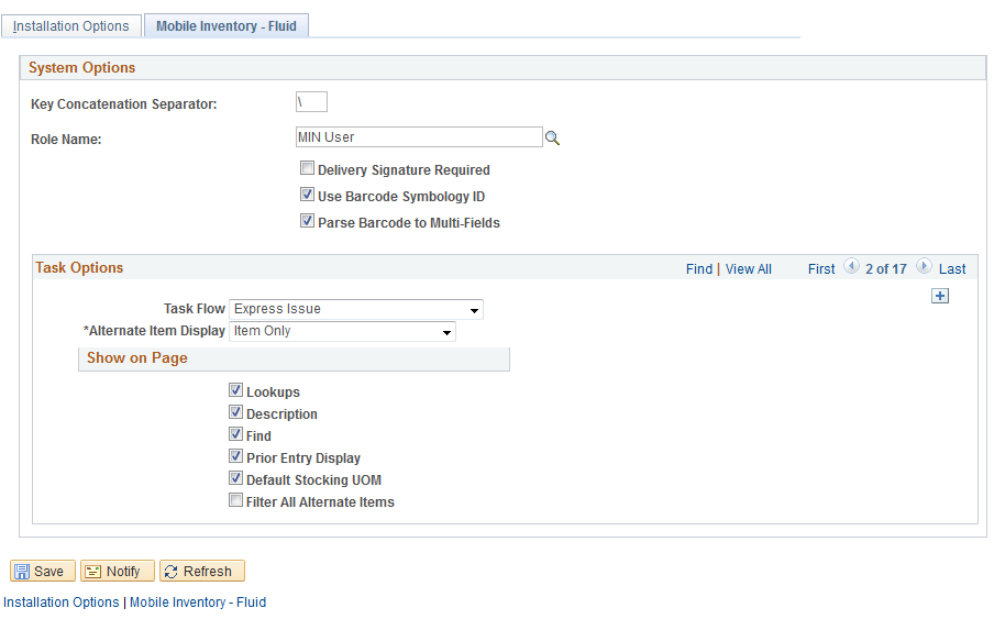 Installation Options - Mobile Inventory: Express Issue task flow page