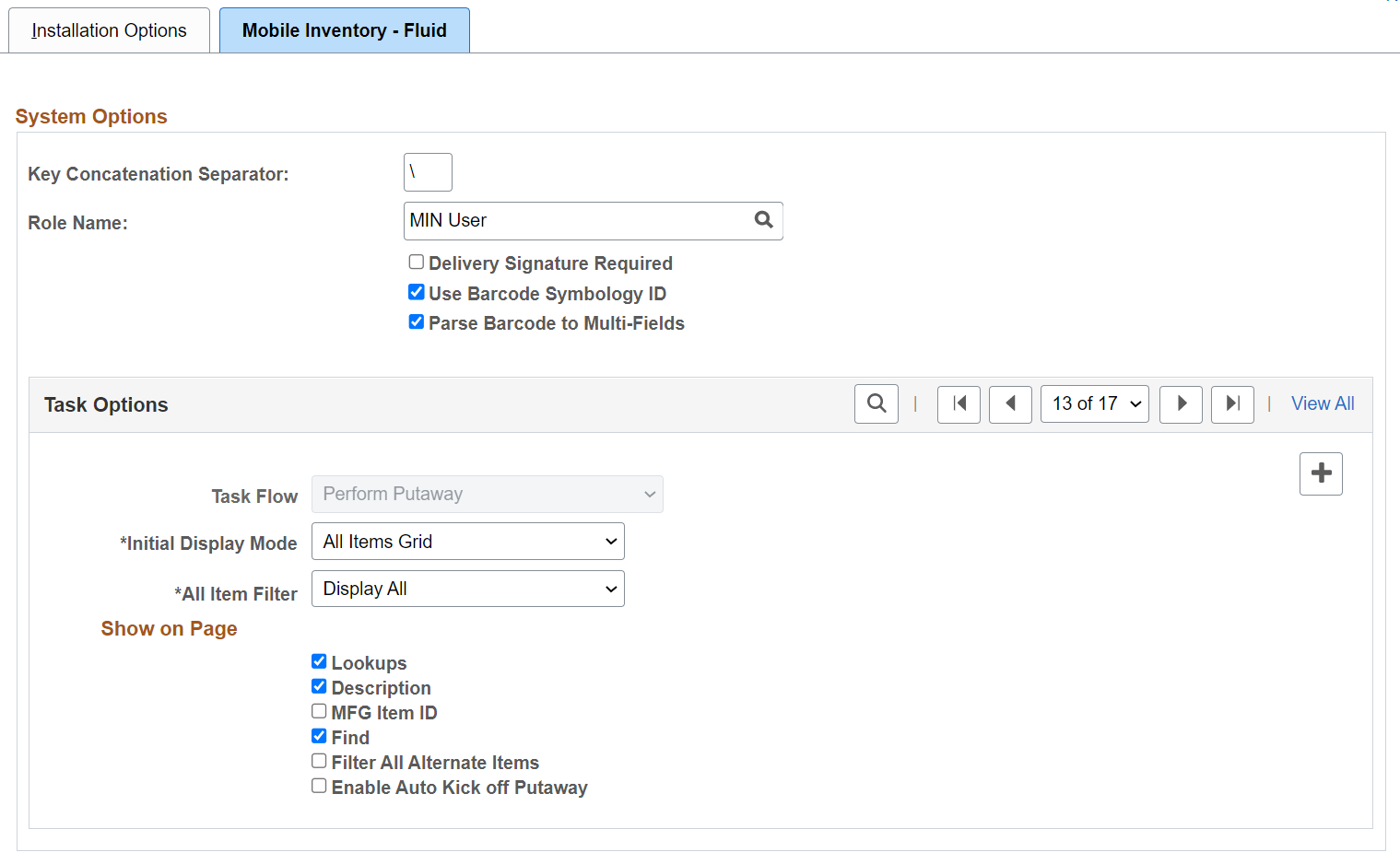 Installation Options - Mobile Inventory page for the Perform Putaway task flow