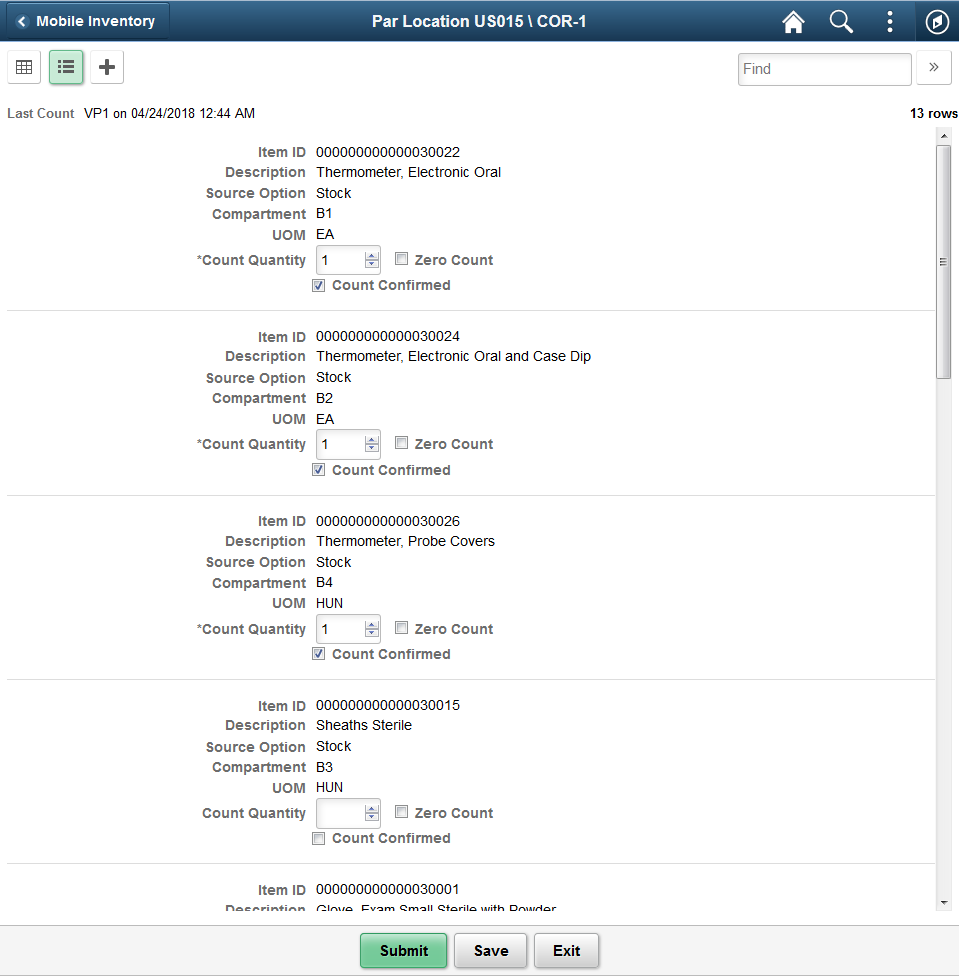 Par Count List View Fluid Page as seen on a tablet