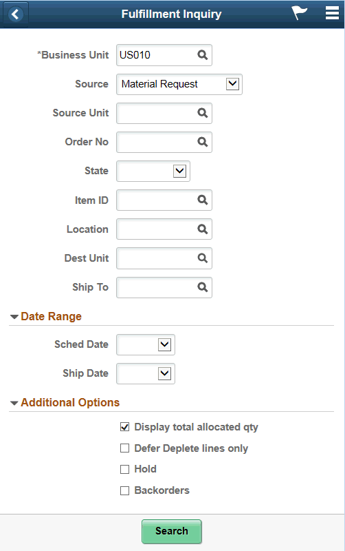 Fulfillment Inquiry - Fluid Search Page