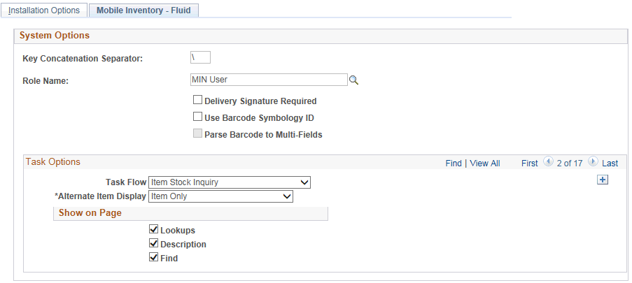 Installation Options - Mobile Inventory Fluid page (Item Stock Inquiry)