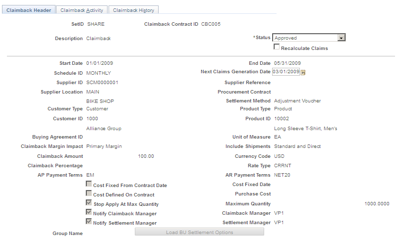 Claimback Header page (1 of 2)