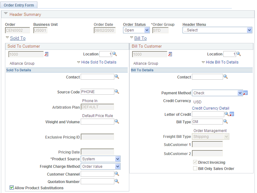 Order Entry Form page - Order Header (1 of 3)