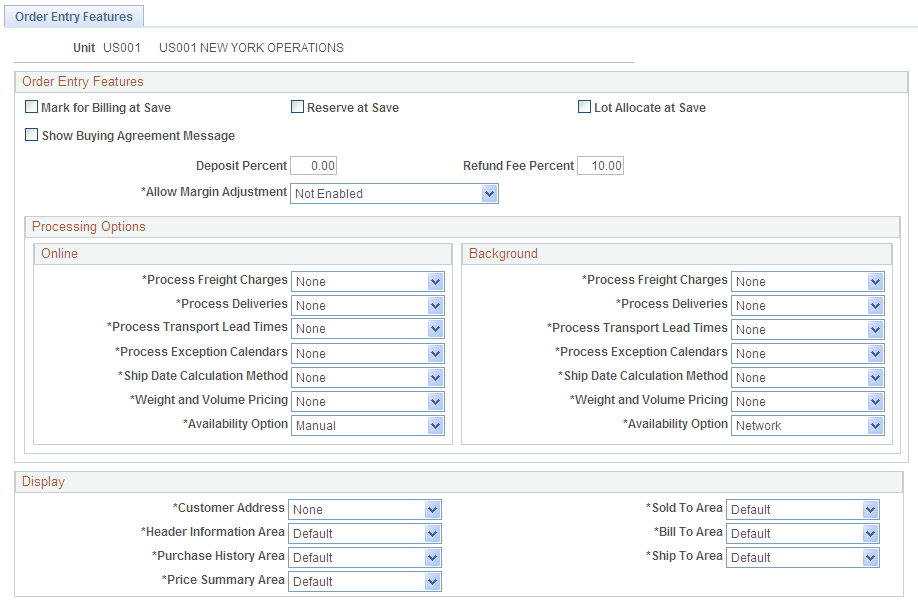 Order Entry Features page (1 of 2)