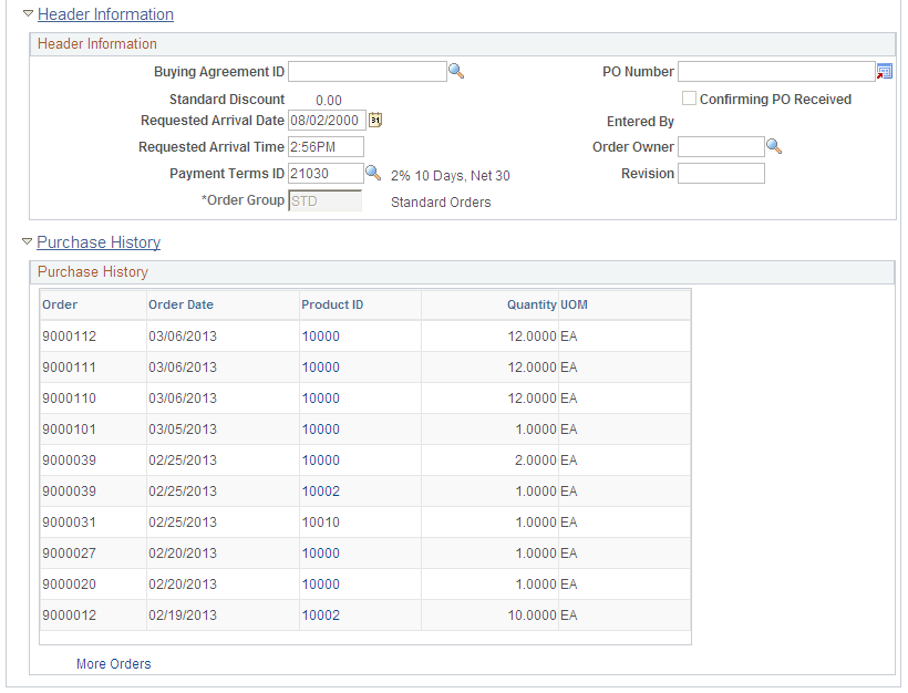 Order Entry Form page - Order Header (3 of 3)