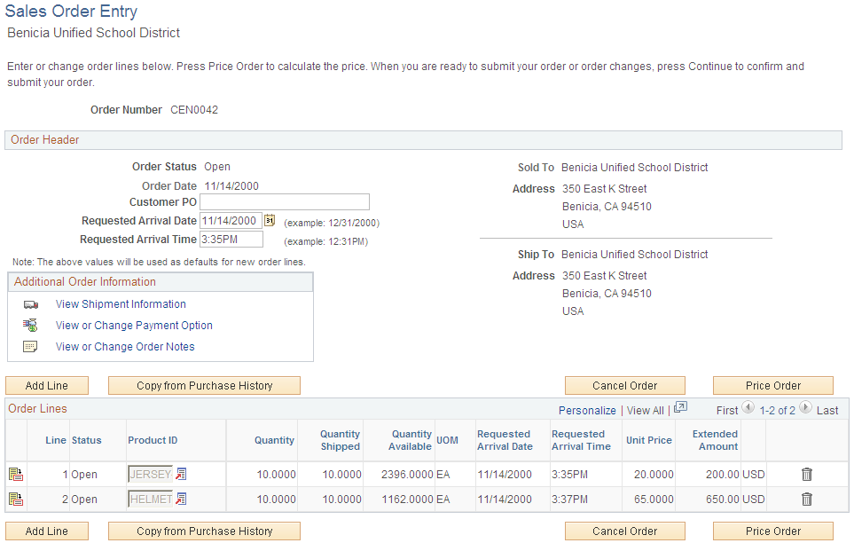 Sales Order Entry page (1 of 2)