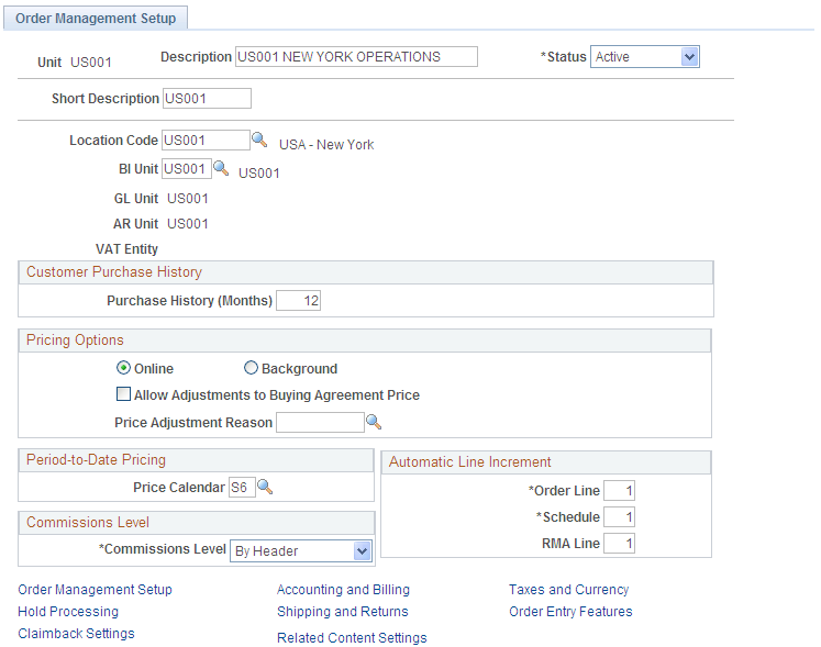 Order Management Setup page