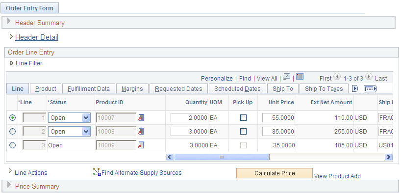 Order Entry Form page