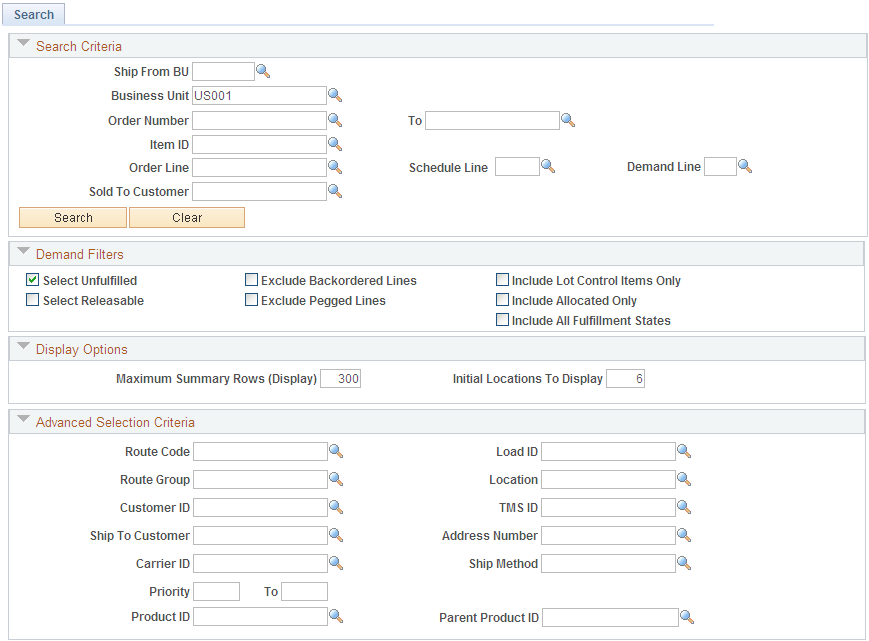 Allocation Workbench - Search page