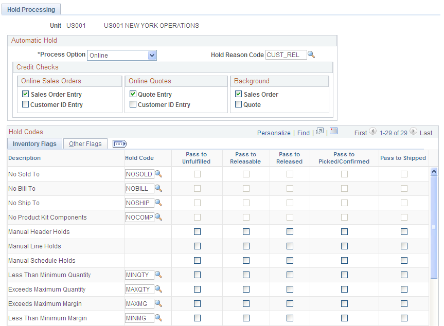 Hold Processing page (1 of 2)