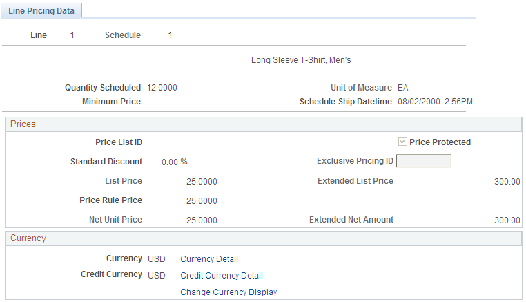 Line Pricing Data page (1 of 2)