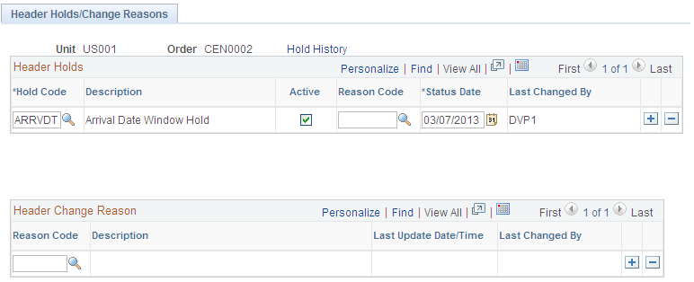 Header Holds/Change Reasons page