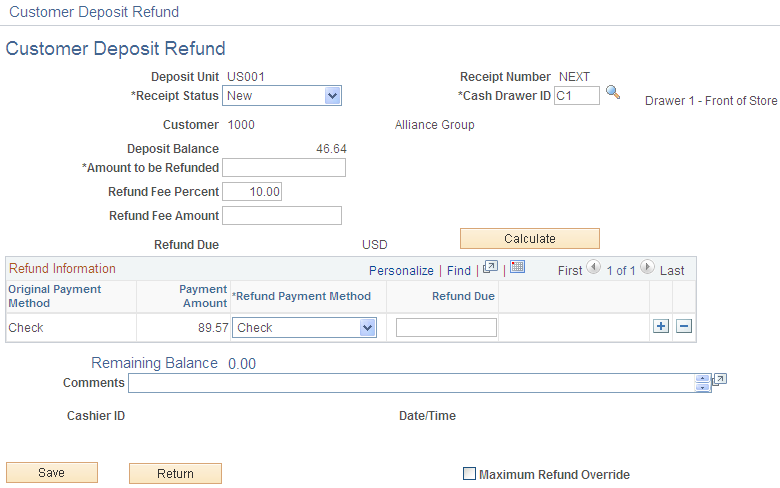 Customer Deposit Refund page