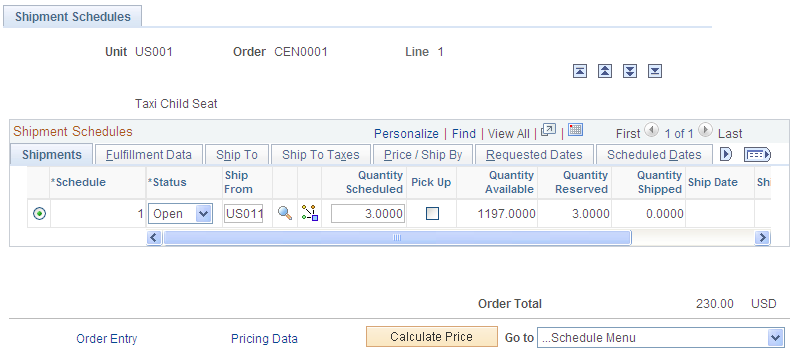 Shipment Schedules page