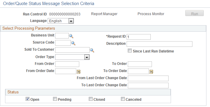 Order/Quote Status Message Selection Criteria page