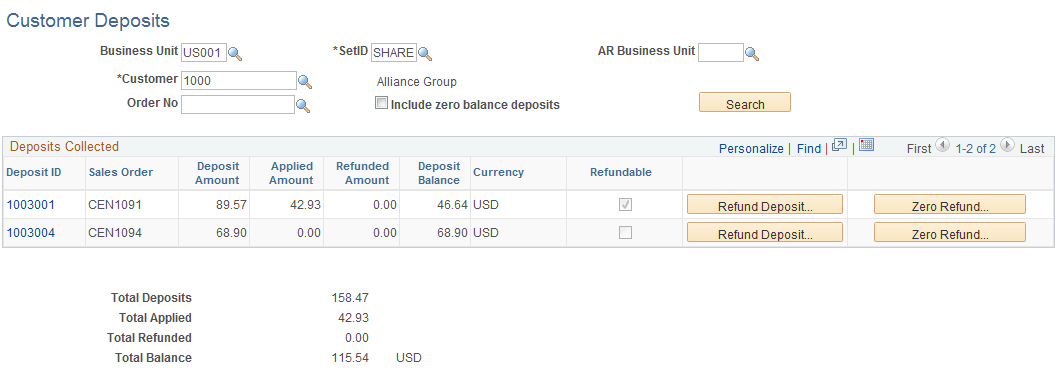 Customer Deposits page