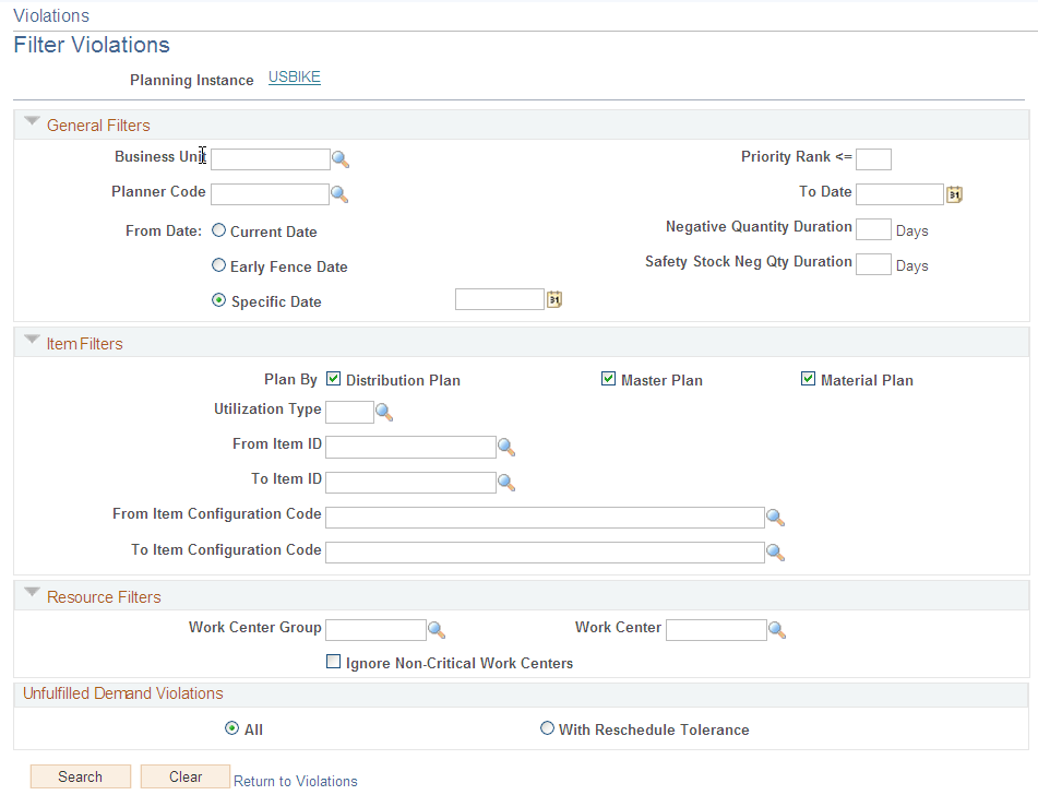 Filter Violations page