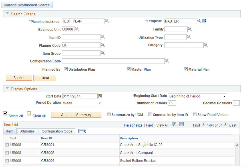 Material Workbench Search page