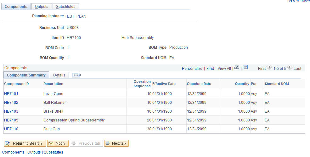 Review Bills of Material - Components page