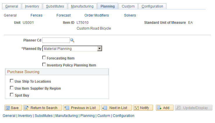 Define Business Unit Item - Planning page: General