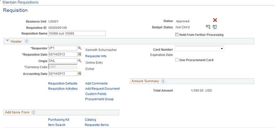 Maintain Requisition - Requisition page(1of2)