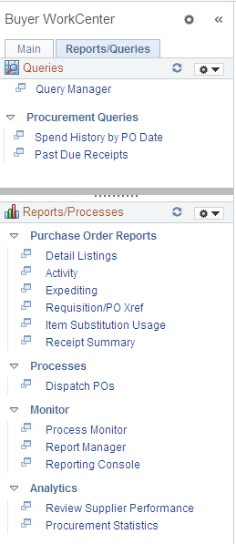 Queries pagelet on a sample Buyer WorkCenter