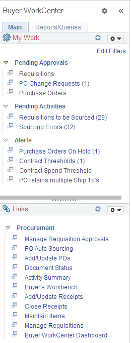 Link pagelet on a sample Buyer WorkCenter