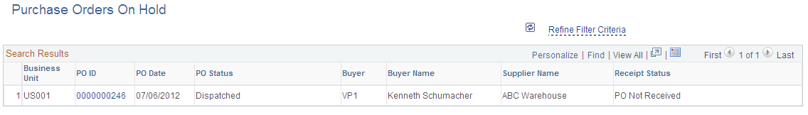 Purchase Orders on Hold page