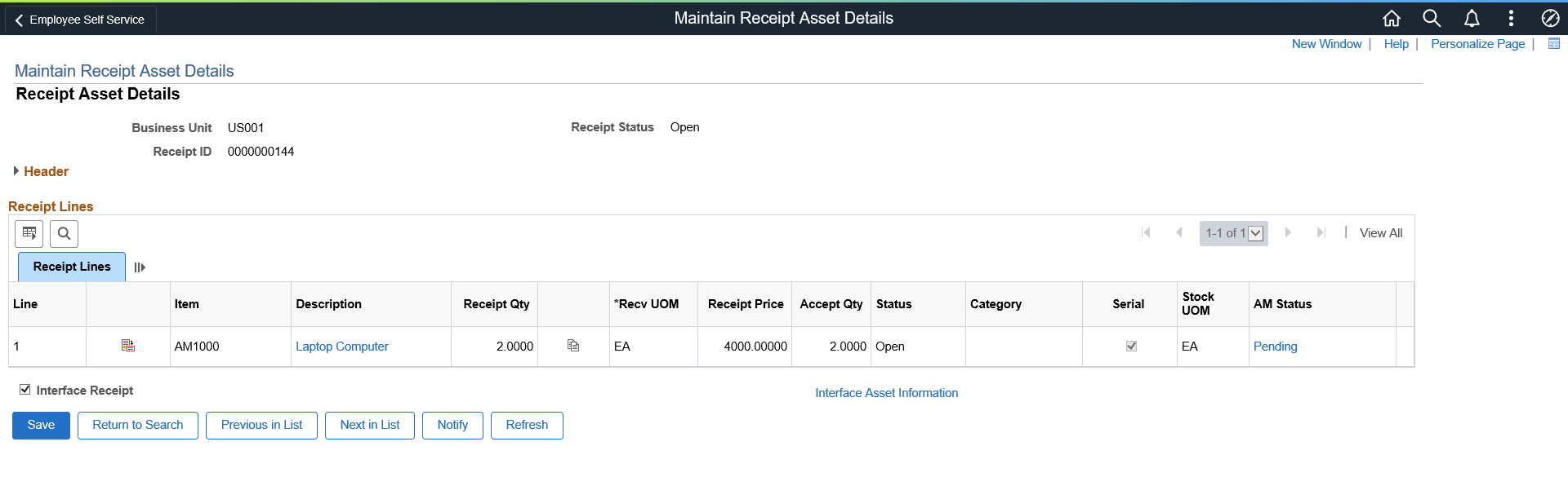 Maintain Receipt Asset Details page