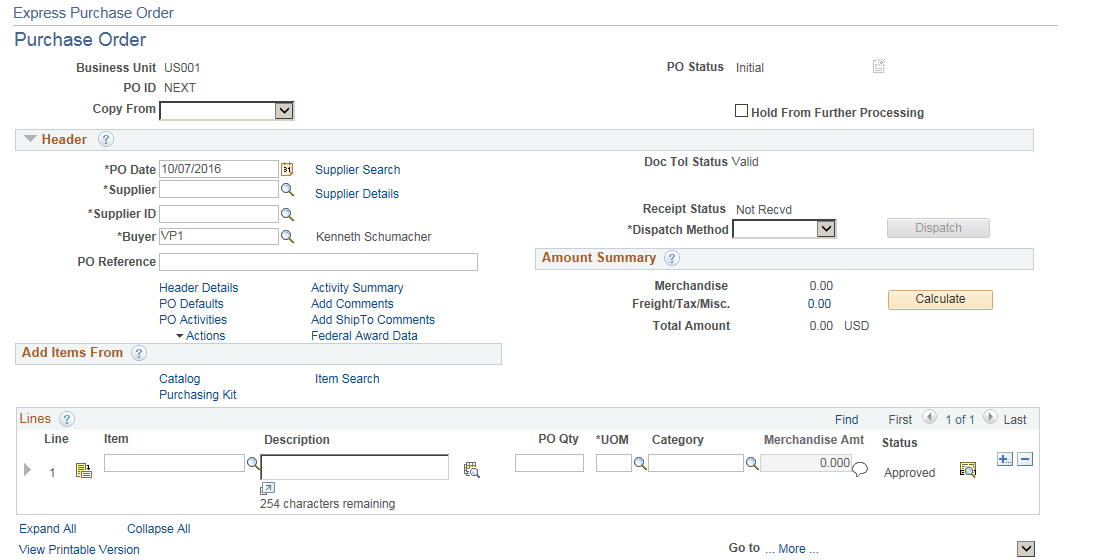 Express Purchase Order - PO page