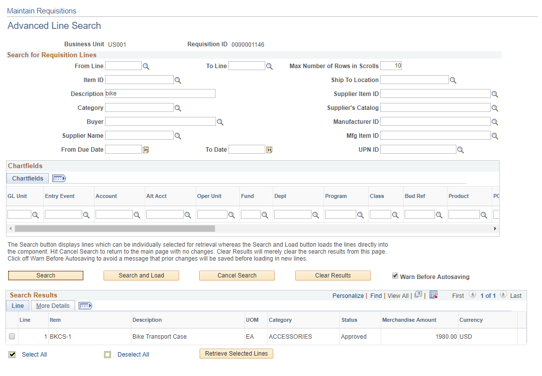 Maintain Requisitions - Advanced Line Search page