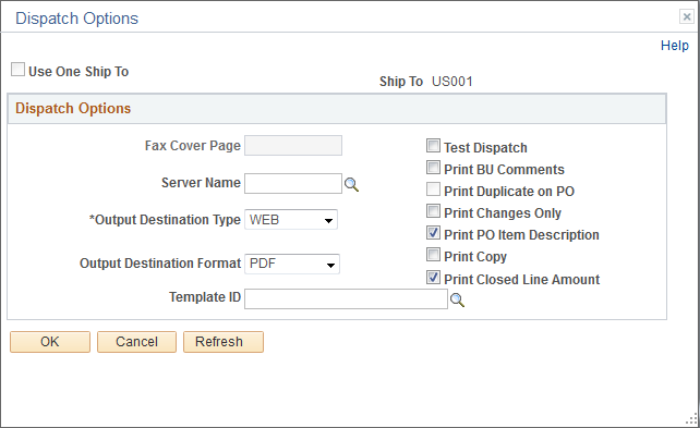 Dispatch Options page (Purchase Order dispatch)