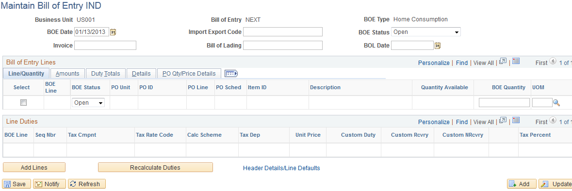 Maintain Bill of Entry IND page