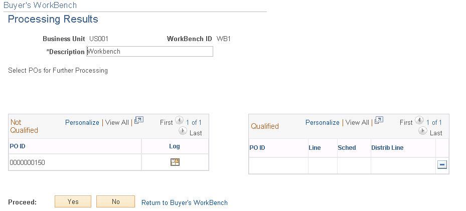 'Buyer's Workbench - Processing Results page