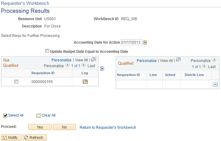 'Requester's Workbench - Processing Results page