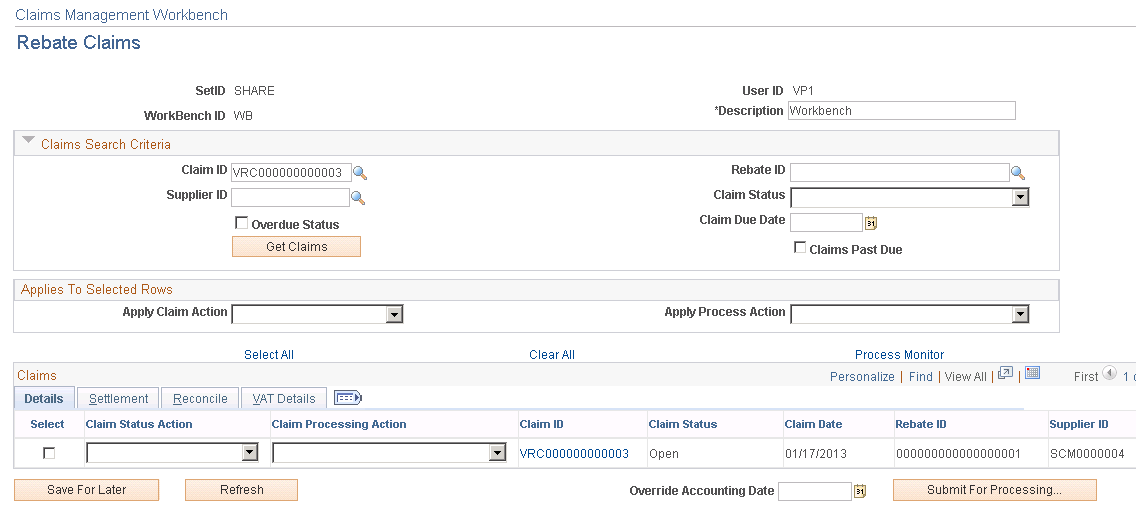 Claims Management Workbench - Rebate Claims page