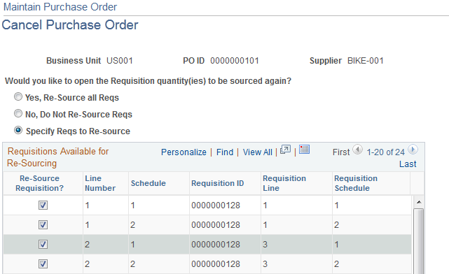 Maintain Purchase Order - Cancel Purchase Order page