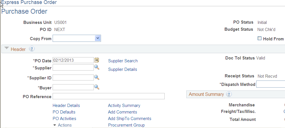Express Purchase Order - Purchase Order page (1 of 2)