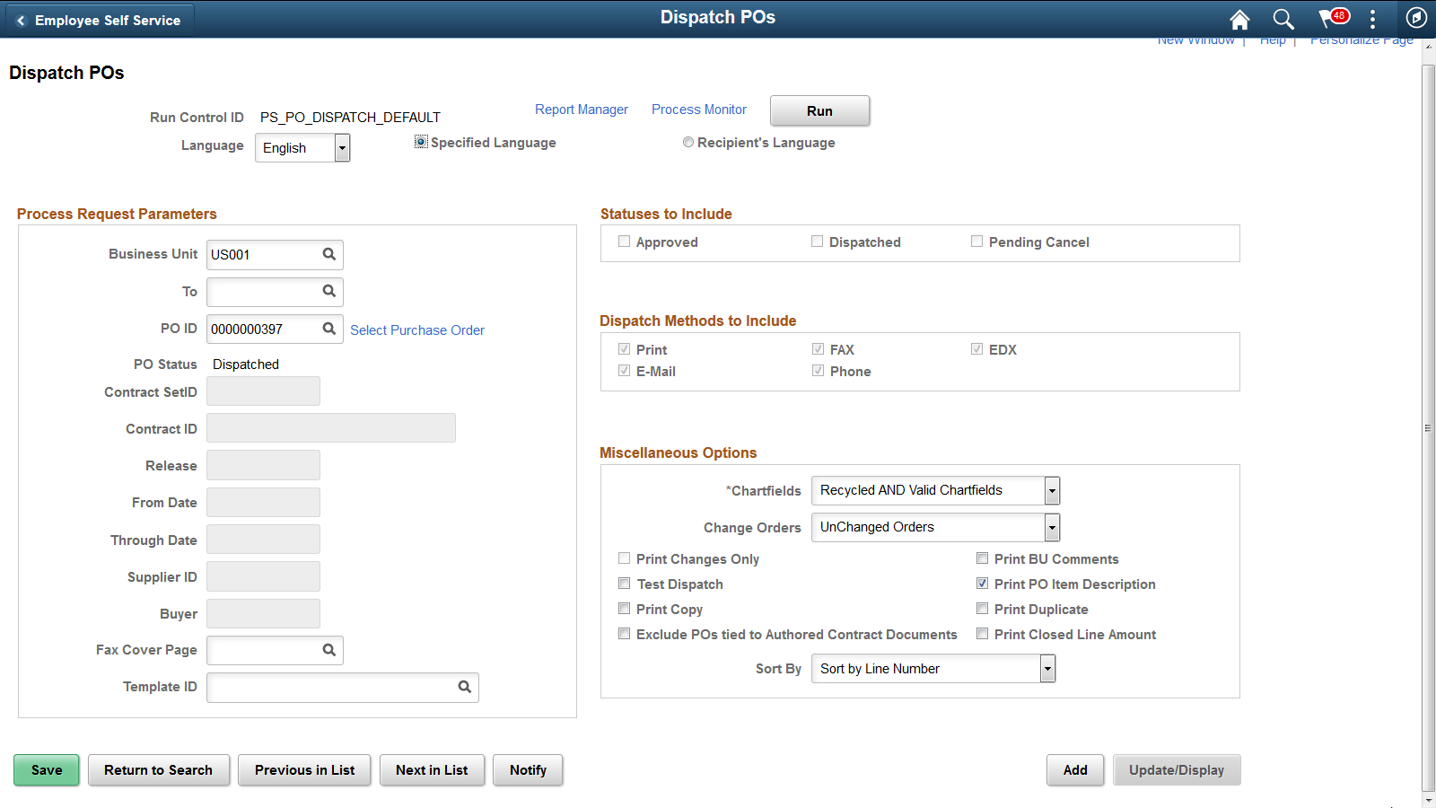 Dispatch POs page