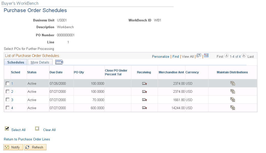 'Buyer's Workbench - Purchase Order Schedules page